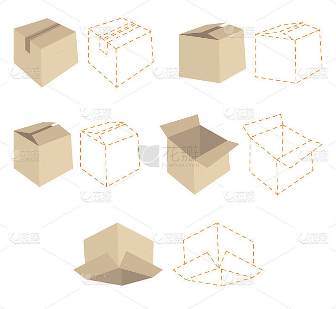 5个纸箱。5个盒子虚线方案