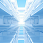 Light blue, symmetrical composition, ladder, grand space, structure, futuristic design, transparent glass material, frosted material, grand, technological sense, OC Render, 3d, behance, super high quality, super high detail, 2:1