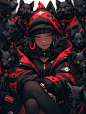 关键词：a poster for surrounding a girl with cats crowded around, in the style of artgerm, cryptopunk, red and black, 2d game art, solapunk, stonepunk, kehinde wiley --ar 58:77 --s 750 --niji 5