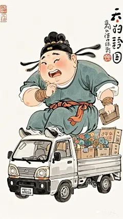 全景,水墨插画,极简主义，胖改的唐代可爱微胖男插画，男士开着小货车快乐购物，焦头烂额。现代人物与古风工笔画结合，画风细腻成熟，独特的“大脸”风格，识别度高，人物讨喜又不失韵味，可爱的Q版唐代风俗画，干