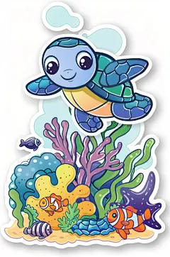 AI数字艺术卡通海洋动物海龟涂鸦插画贴纸-众图网