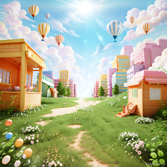 阳光草坪，彩色的气球飘飞在空中，奔跑嬉戏...