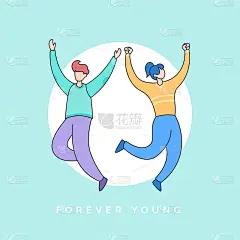 快乐的情侣和女孩跳的姿势庆祝快乐的青年节永远年轻的事件卡通风格矢量插图
