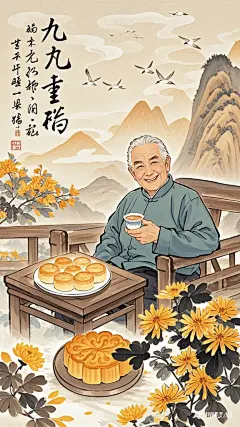生成重阳节海报渲染，重阳节海报可包含以下元素：金黄的菊花在画面角落绽放，寓意长寿与高洁。一位和蔼的老人坐在古色古香的长椅上，手捧一杯热茶，脸上洋溢着幸福的笑容。远处是连绵的山峰被秋色渲染。几只南飞的大