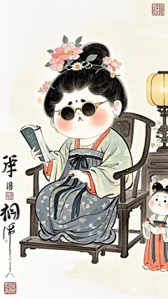 全景,水墨插画,极简主义，胖改的唐代可爱微胖美少女插画，带墨镜的古代美人，闪闪发亮。现代人物与古风工笔画结合，画风细腻成熟，独特的“大脸”风格，识别度高，人物讨喜又不失韵味，可爱的Q版唐代风俗画，干净