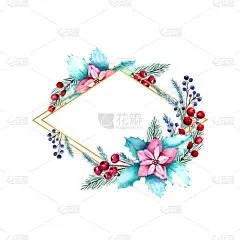 冬季水彩钻石形框架与浆果，冬青，冷杉枝。手绘圣诞插图。用于请柬、贺卡、印刷品、海报、广告