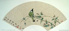 工笔花鸟扇面 绿鸟野果设计图