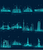 12个极简风线条国际城市北京上海地标建筑扁平化夜景荧光PSD设计素材