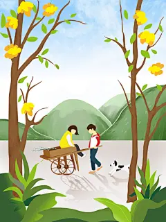 春天踏青春游植树情侣卡通手绘背景