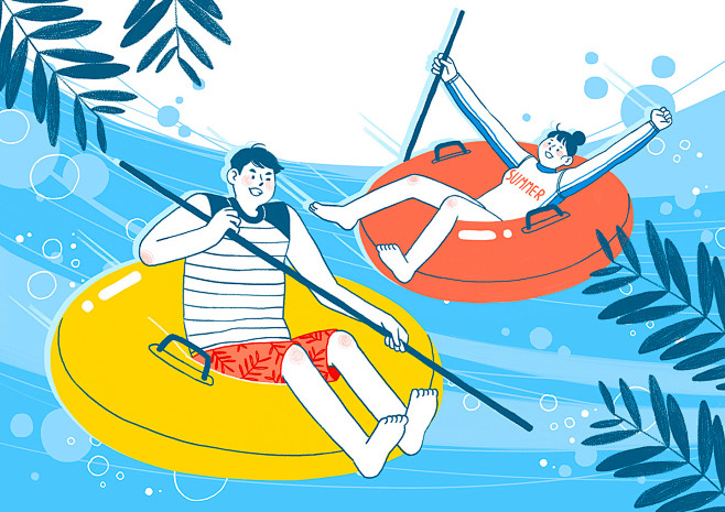 漂流男女淡彩手绘水上竞技休闲运动插图插画设计psdtid050t002999