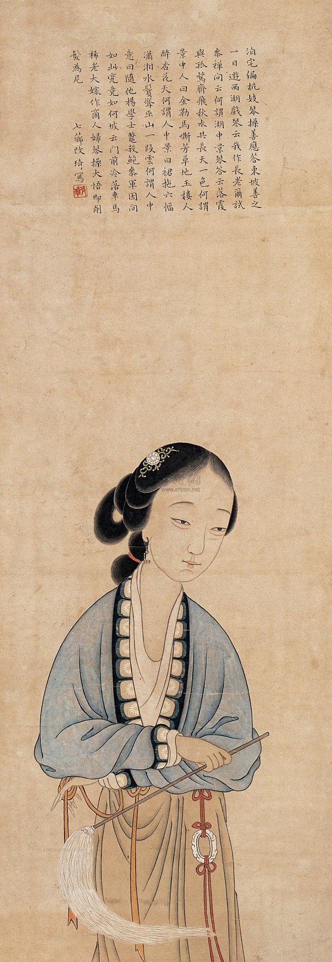 改琦——款【泊宅编：杭妓琴操善应答，东坡善之。一日游西湖戏琴云：我作长老，尔试参禅。问云何谓湖中景…琴操大悟，即削发为尼】仕女人物 立轴欣赏 ...