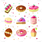 一套可爱的卡通甜蛋糕和甜甜圈，矢量插图。五颜六色的蛋糕图标，上面有草莓和甜甜圈，粉色的釉面。可爱的卡