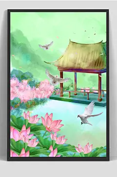 中国风古风手绘白鸽插画