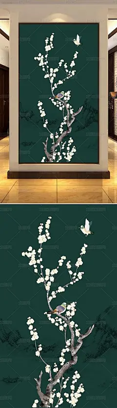 工笔山水国画手绘梅花花鸟玄关装饰画背景墙