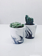 Small black marbled cement pots / planters for cactus, succulents or candles in black/white porcelain concrete - vase: