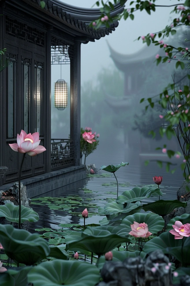 雅致的国风荷花禅意场景-花瓣网