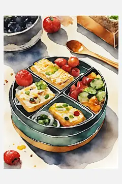 AI数字艺术便当盒美食水彩插图-众图网