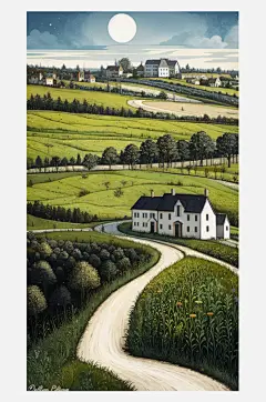 数字艺术风景乡村插画装饰画乡村夜景插画-众图网