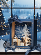 Christmas product atmosphere map, a set of skincare products, placed in a Christmas themed gift box, with ribbons, next to the windowsill, some Christmas decorations are placed. Outside the glass window, there is a dark blue snow scene at night, a Christm