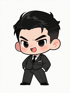 以下是生成这幅图的AI文字提示词：
 
主体人物，
 
chibi，漫画风，痞帅，一个男人，黑色头发，穿着西装，霸总，表情夸张，萌萌哒
 
白色背景
 
画面风格
 
- 采用Q版卡通绘画风格，线条流畅简洁，色彩明快鲜艳，整体氛围轻松愉悦，传统与现代元素融合，富有创意。
将人物形象进行夸张的可爱化处理、头很大、身体小，手绘插画
全身镜头