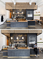 Central to this modern coffee shop is the service area with dark walls and a concrete base. Wood screens, countertops and decorative gold artwork compliments the look.