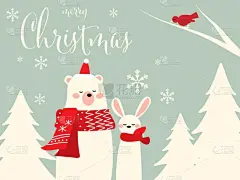 背景,寒冷,贺卡,圣诞帽,霜,雪,云杉,鸟类,兔子