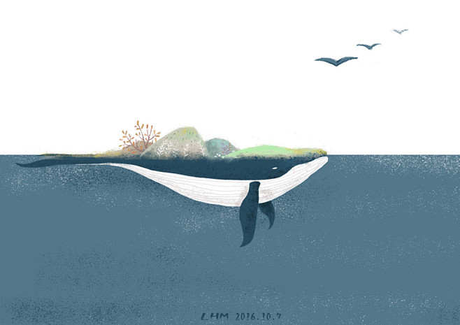 化身孤岛的蓝鲸系列-是姑娘吖_插画 鲸鱼...
