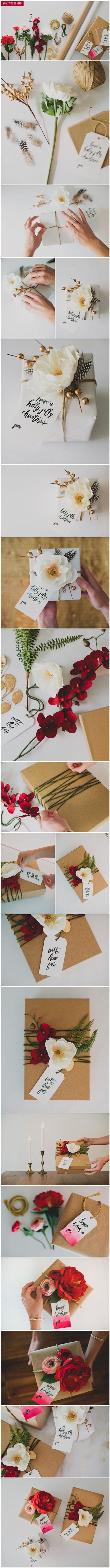 三种用丝绸绢花和牛皮纸设计出的礼品包装，...