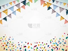 庆祝标语。五彩纸屑装饰的党旗。向量。