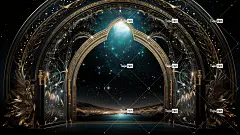 黑底通向太空的窗户，淡青色和金色，拱形门口，高地平线，宇宙主