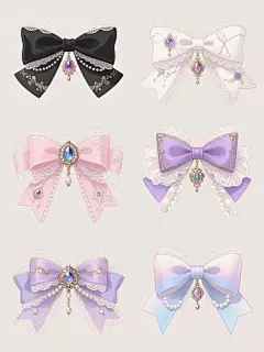 6个不同配色、不同样式、不同风格的蝴蝶结，上下两行对齐排列，浅色背景，精致华丽的洛丽塔风格，手绘质感，细腻的线条，丰富的装饰元素，包括宝石、蕾丝、珍珠、丝带、金属吊坠，每个蝴蝶结都有独特的设计和色彩搭配，黑色、白色、粉色、紫色、蓝白渐变等，光影立体感强，整体呈现出优雅、梦幻、甜美的氛围，插画风格，细节丰富，高分辨率。