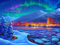 Anchorage, 2D background for Bingo, AAA Game Art Studio : The northern lights can be seen when the sky is clear and dark, and the weather is cold and dry. Then, you just have to cross your fingers for a sun storm, sending out some magical particles in you