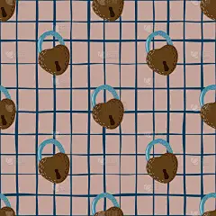 无缝涂鸦图案与手绘棕色锁门装饰。粉红色的浅格子背景。秘密的打印。