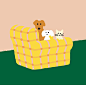 This may contain: two dogs and a cat are sitting on a yellow couch in front of a pink wall