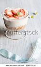 delicious strawberry oatmeal yogurt for afternoon tea - stock photo