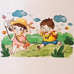 水彩儿童插画，日常的开心事儿都用画笔记录下来吧|   作者：懒懒小卷 ​ ​​​​