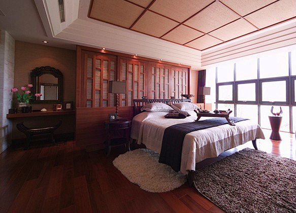 新中式别墅卧室床装修效果图