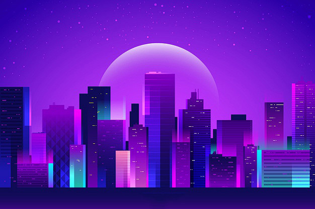 赛博朋克风格科幻城市夜景风景插画矢量图素...