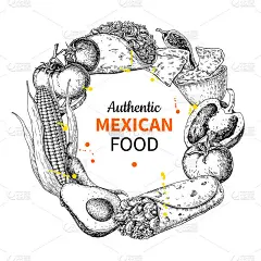框架内的墨西哥食品速写标签。传统美食绘画:墨西哥玉米煎饼，墨西哥玉米卷，墨西哥玉米片