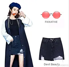 赵丽颖宣传海报，身穿MO&amp;Co外套，搭配黑色T恤和Devil Beauty牛仔半裙，佩戴FIXXATIVE墨镜，非常酷炫有型，颜值爆棚。 ​​​​