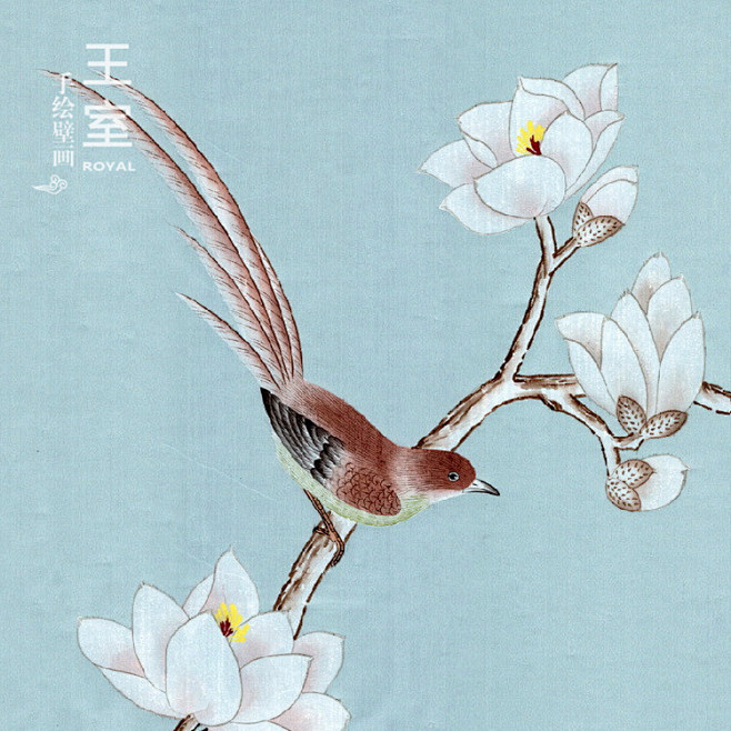 欧式淡雅手绘墙布玉兰花鸟画手工绘制画的艺术壁布王室手绘墙纸淘宝网