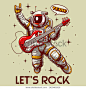 crazy astronaut playing guitar let's rock slogan vector cartoon illustration tee grapic wallpaper poster home textile baby shower pajama print design 