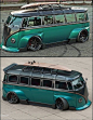 This may contain: an old green van with surfboards on top and another photo of the same vehicle