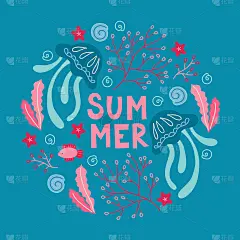 夏日贺卡有海蜇，海草，贝壳，海星。海洋动物