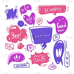 带有对话文本的涂鸦对话框:嗨，爱，是的，欢迎，ok。漫画手绘素描风格。使用毛笔绘制的文本和语音气球元