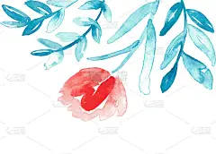 水彩花滴边界。手绘的抽象植物在绿松石蓝和珊瑚红。