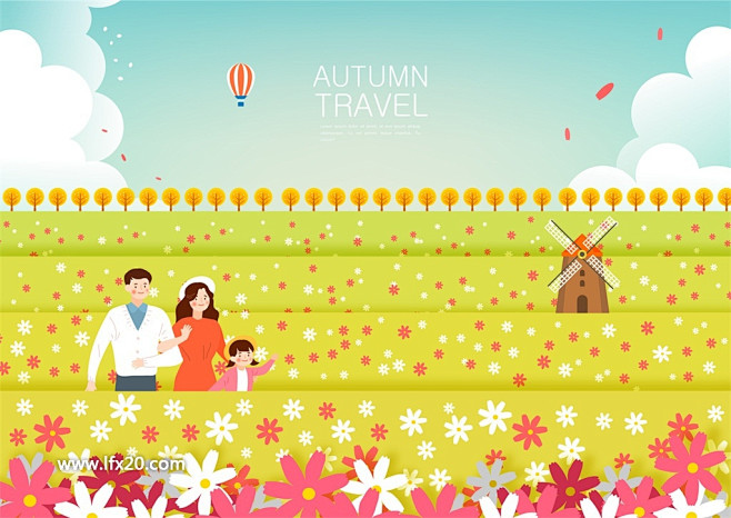 秋季风景山丘森林人物旅行插图插画