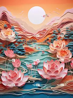 莲花工艺纸插图玉，风景，乌云，中国风，水彩画海报