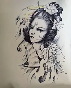 点击大图看下一张：落泪艺伎纹身手稿 11款流泪的艺妓纹身手稿图案