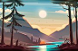 Day and night mountain river : Unbelievable mountain landscape. Modern vector illustration concept. Exciting view. A great mountains is surrounded river. Camping. Outdoor recreation. Calm night and sunny day. These